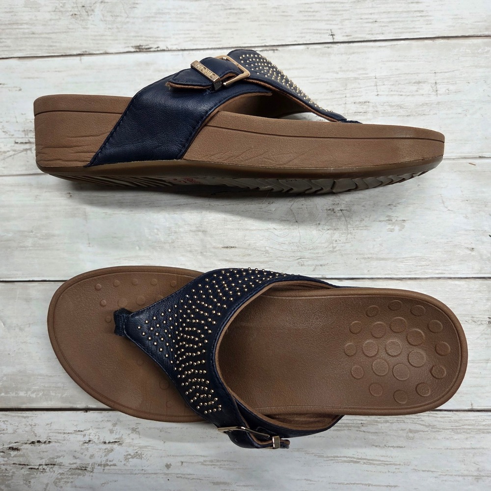 Vionic Studded Thong Sandals Navy Blue Leather Women 7 Gold Buckle